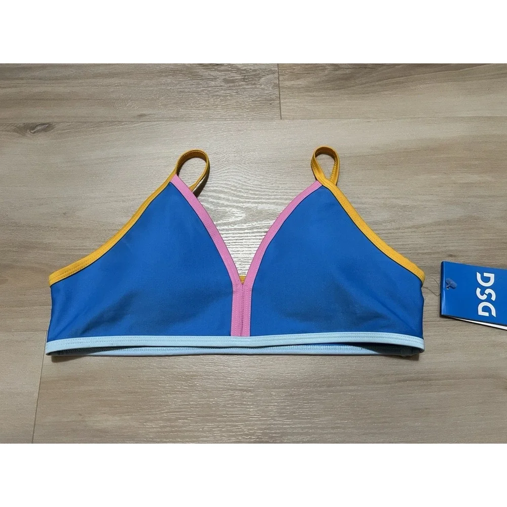 DSG Girls Bound Bikini Top Aqua Blue Pink‎ Trim Size Large 50+ UV Protection